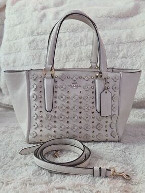 COACH Cream Floral Studded Leather Tote with Removable Strap